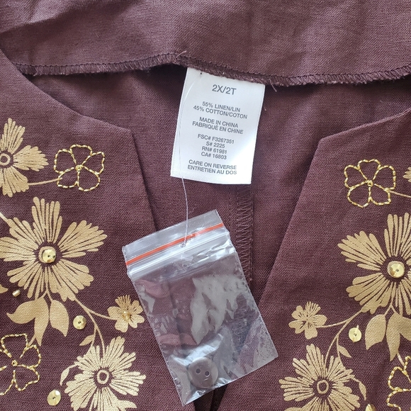 Womens Linen Cotton Top Shirt Size 2X Brown Floral Boho Chic Lagenlook Fall - Picture 7 of 9